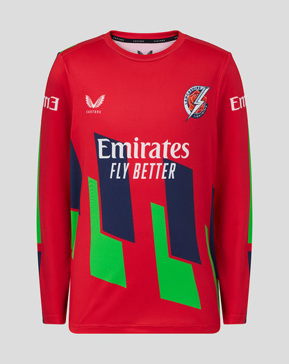 Red sports jersey with Emirates logo on a gray background