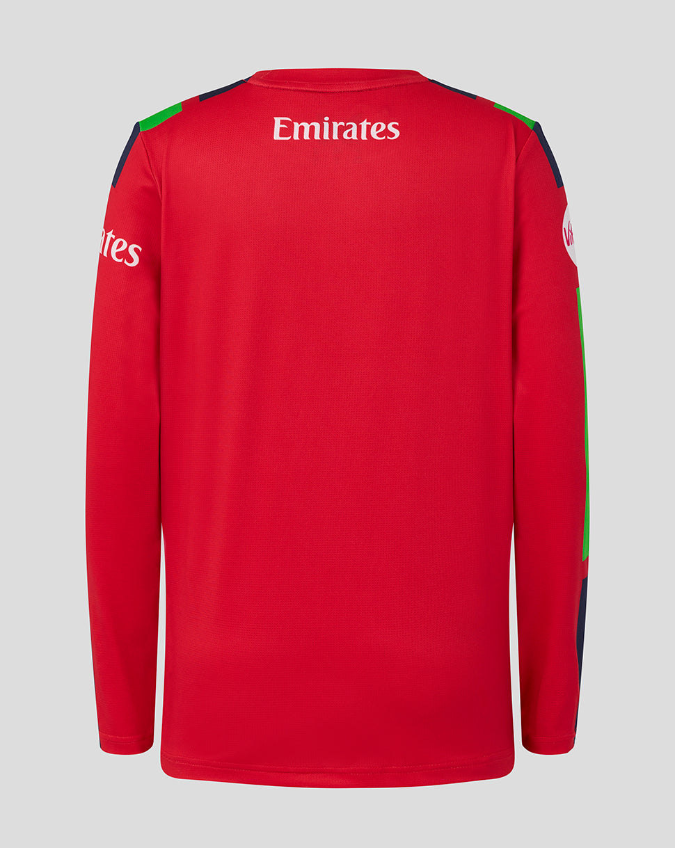 Red sports jersey with Emirates logo on a gray background