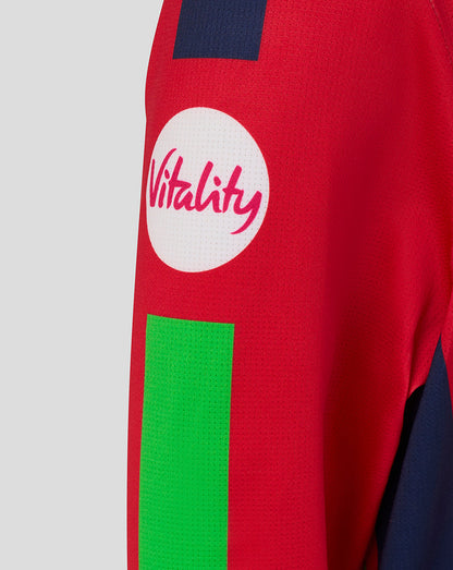 Red sports jersey with a 'Vitality' logo on a white background