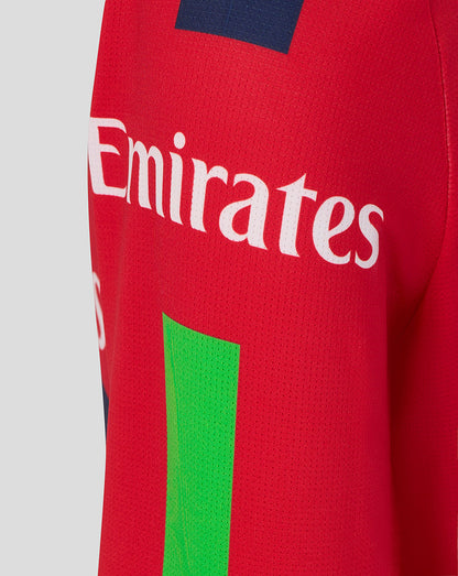 Red sports jersey with Emirates logo and green stripe on a light gray background