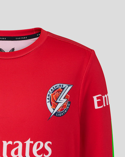 Red sports jersey with Lancashire Lightning logo and Emirates branding on a gray background