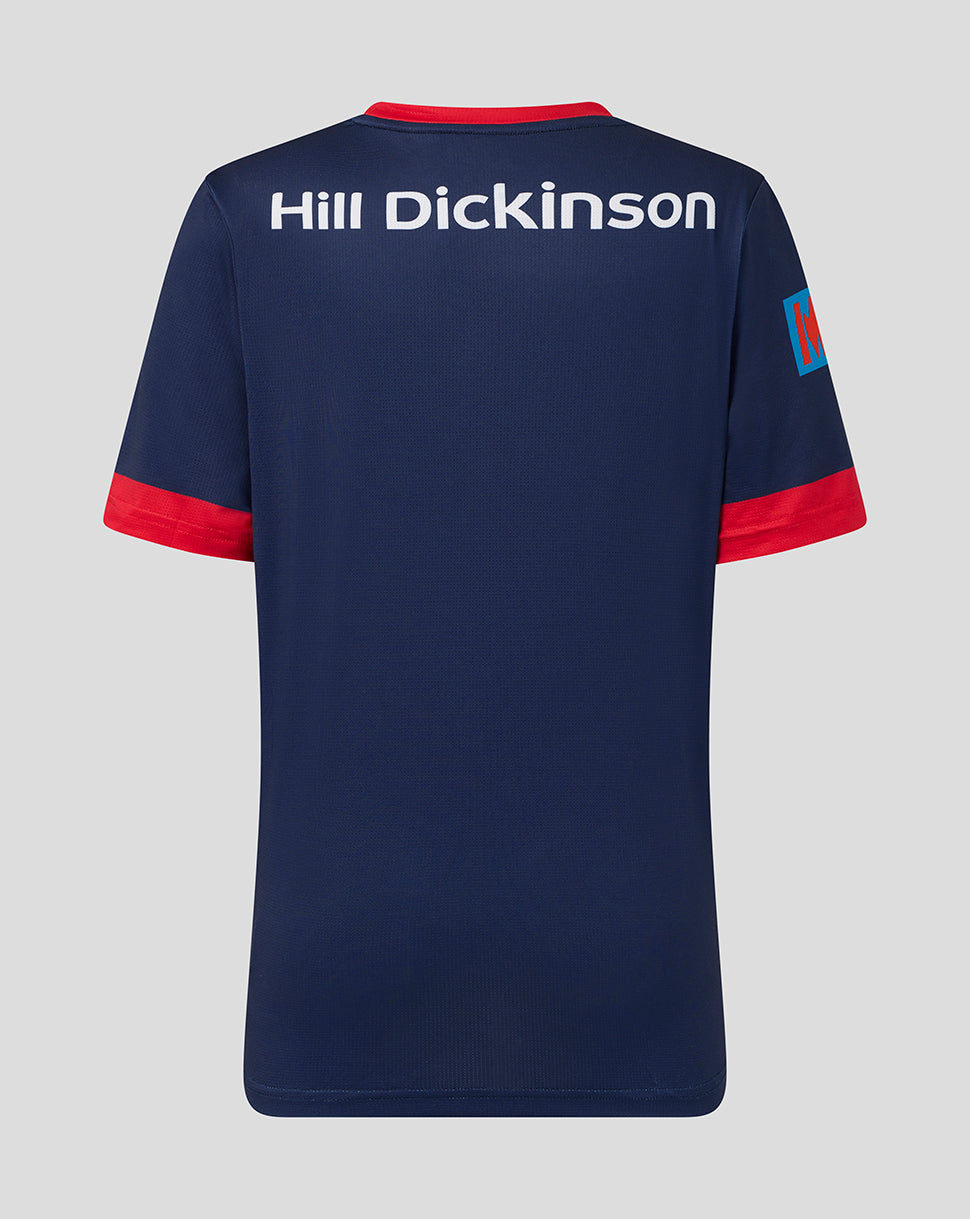 Navy blue sports jersey with red accents on a gray background