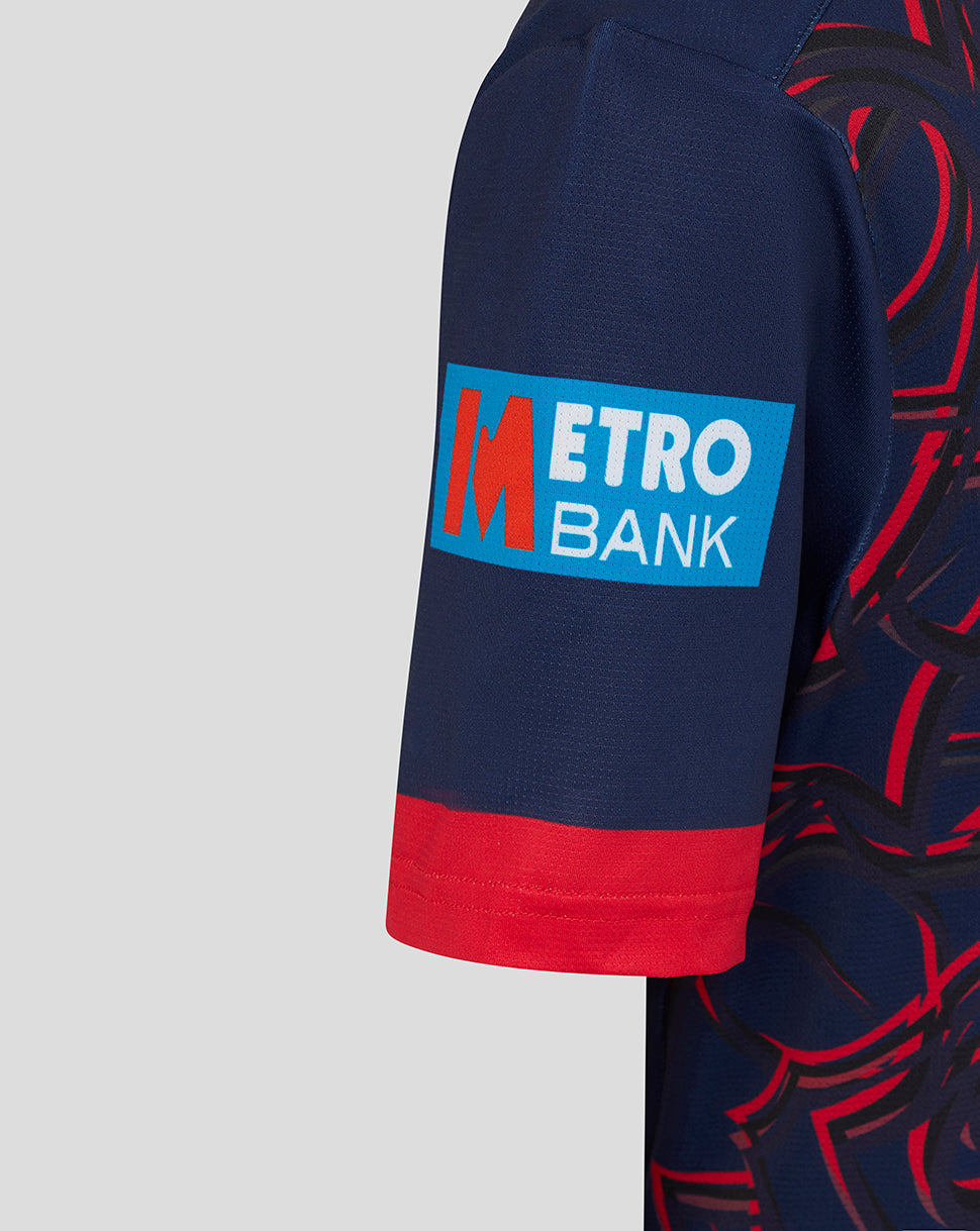 Navy and red sleeve with Metro Bank logo on a light gray background
