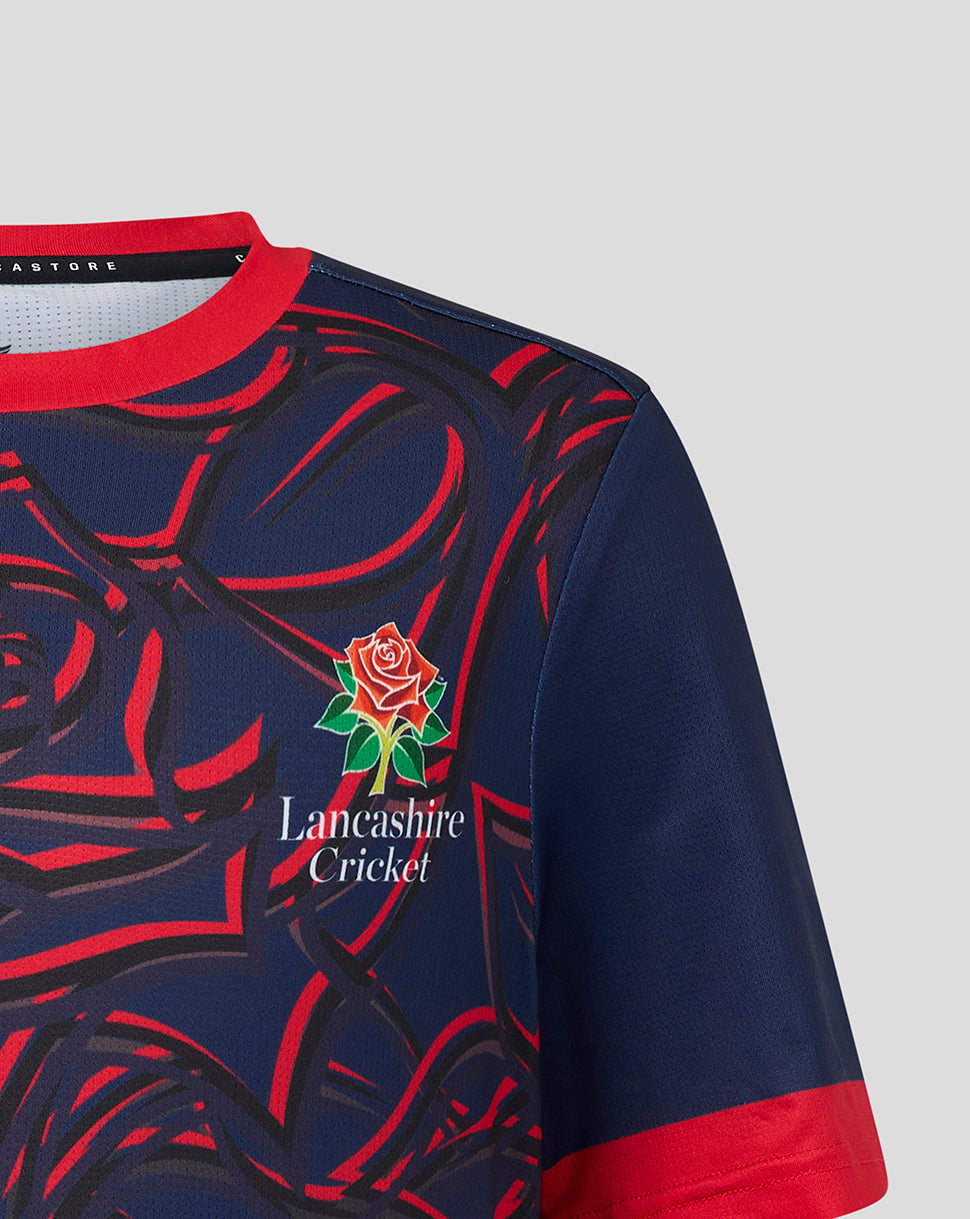 Navy and red sports jersey with Lancashire Cricket logo on a light gray background