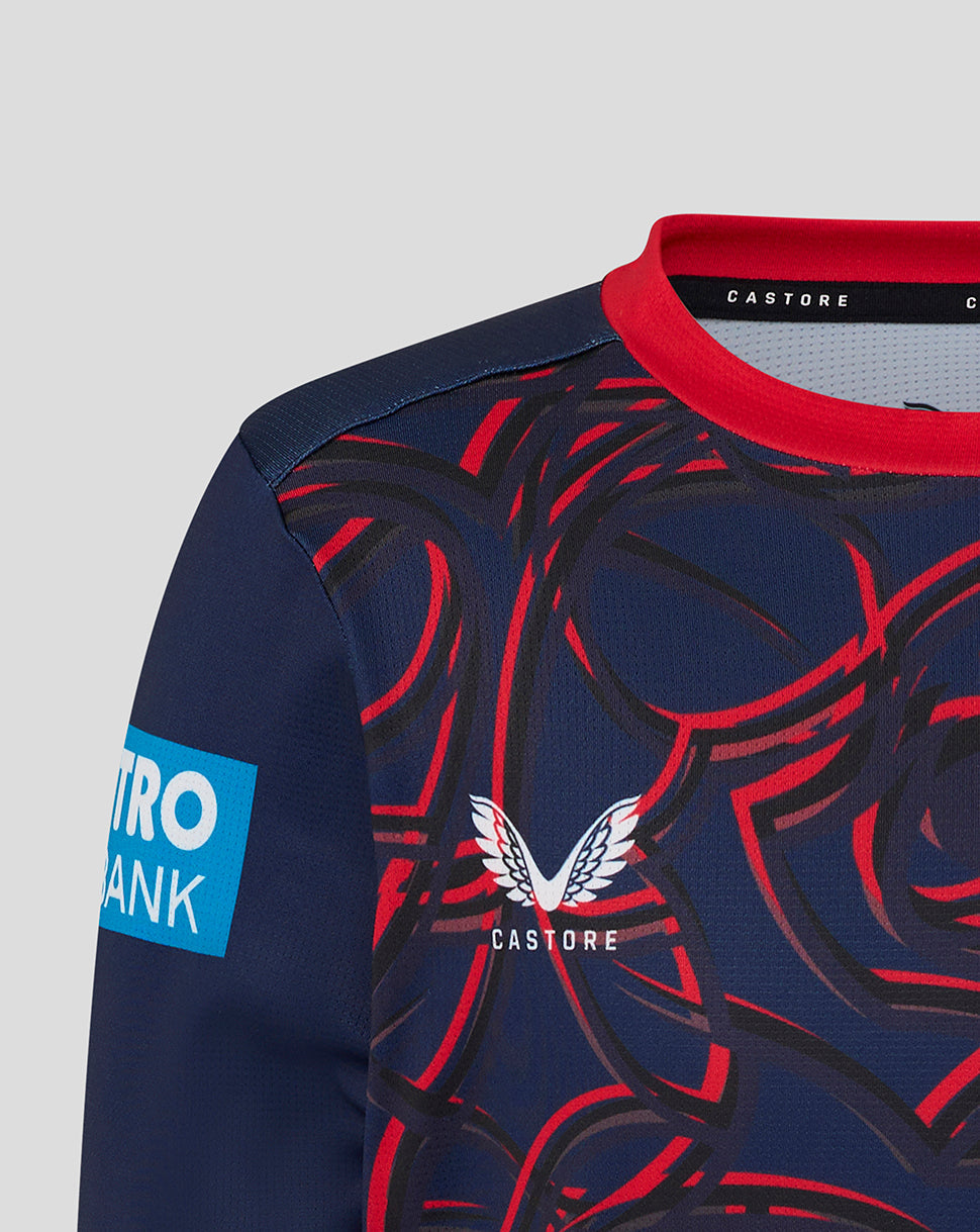 Navy and red sports jersey with branding on a light gray background