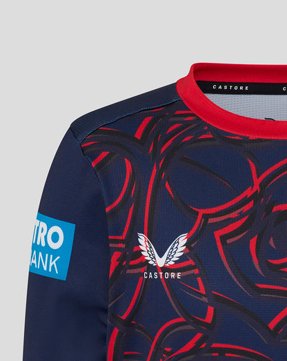 Navy and red sports jersey with branding on a light gray background