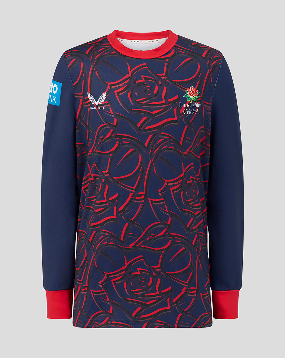 Navy long-sleeve shirt with red rose pattern on a gray background