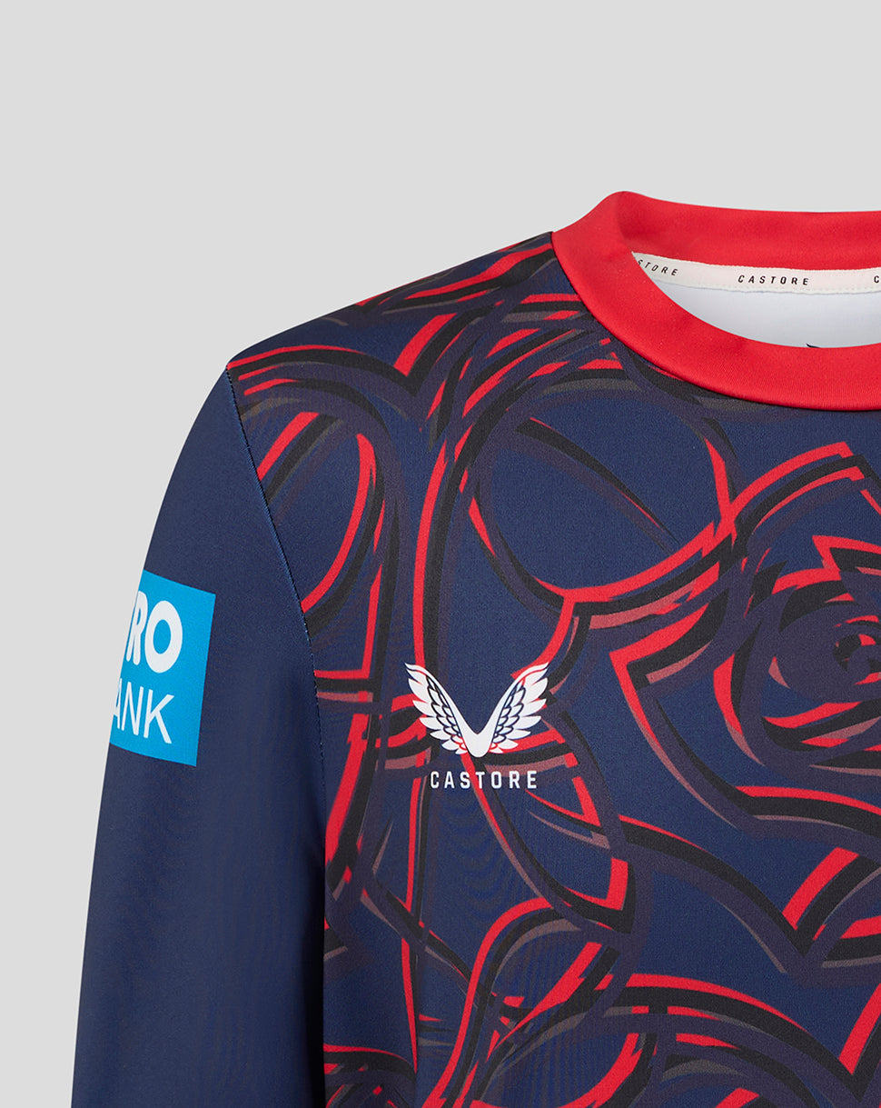 Navy blue sports jersey with red and black abstract pattern, featuring Castore logo and Euro Bank branding.