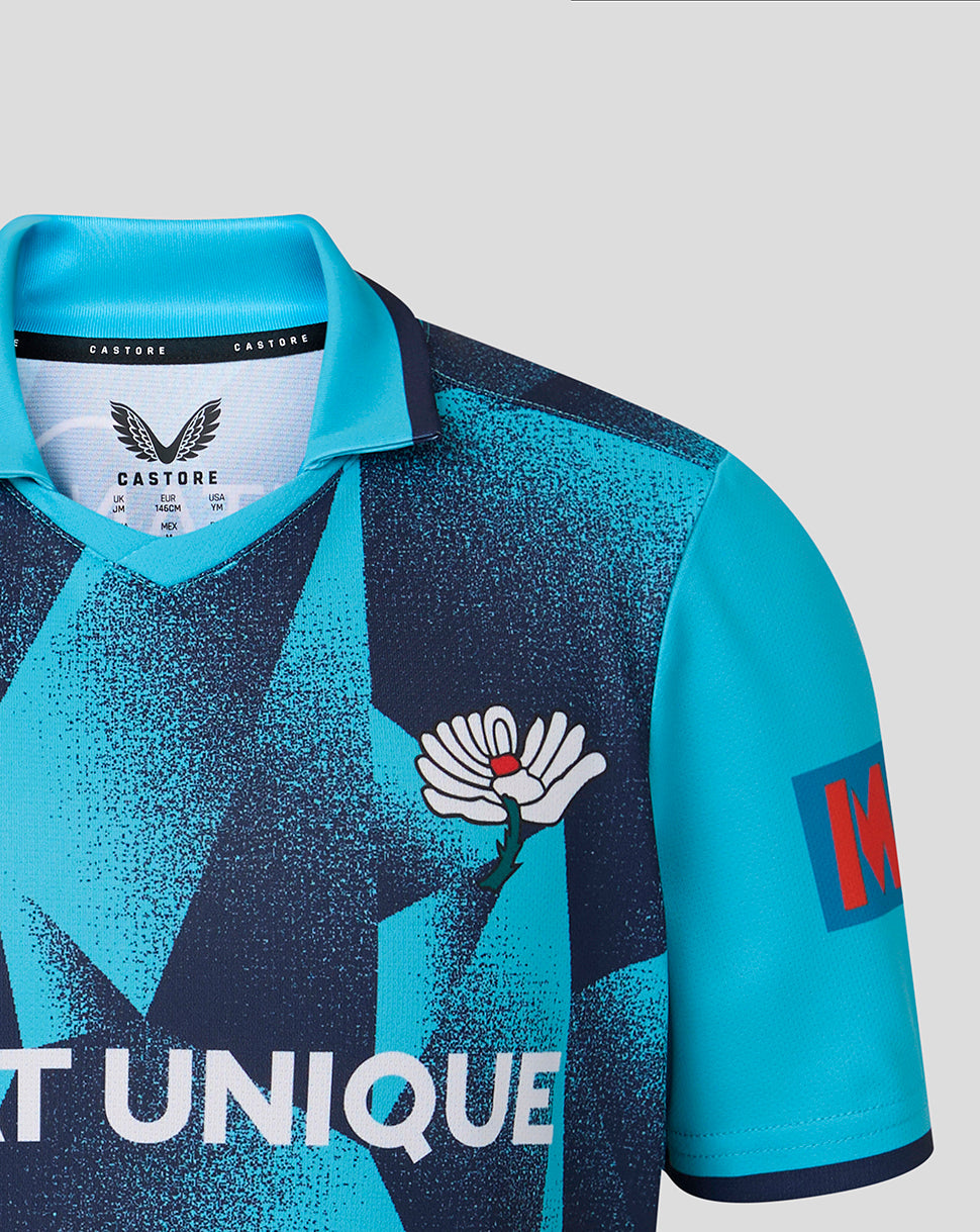 Blue sports jersey with branding and text on a light gray background