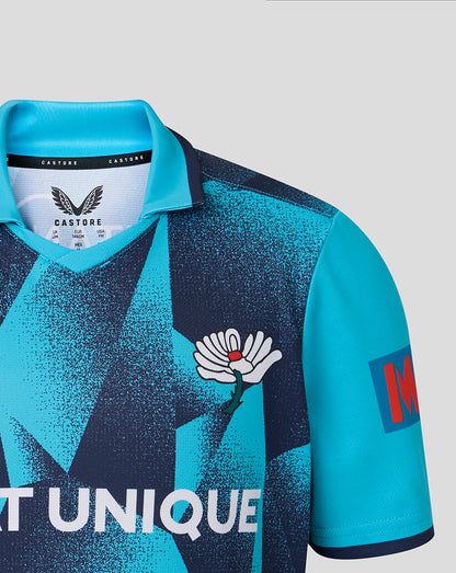 Blue sports jersey with branding and text on a light gray background