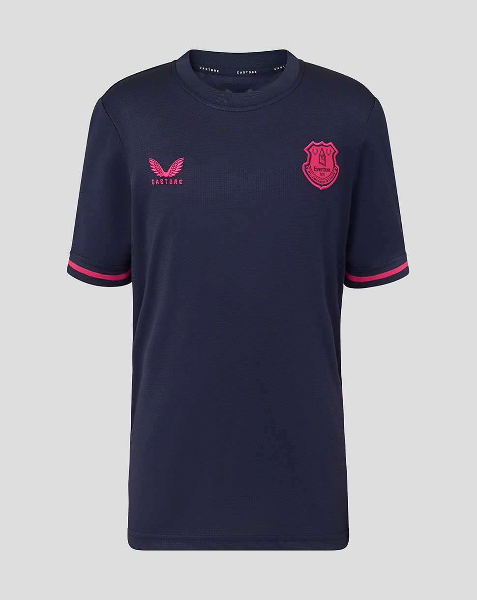 Navy blue t-shirt with pink accents and logos on a light gray background