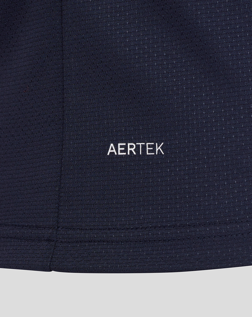 Navy blue fabric with 'AERTEK' logo on a close-up shot