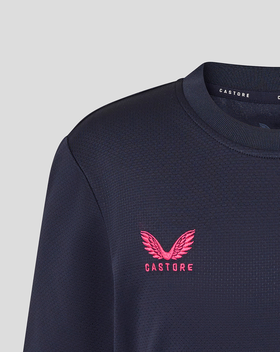 Navy blue sweatshirt with pink logo on a light gray background