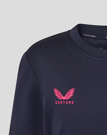 Navy blue sweatshirt with pink logo on a light gray background