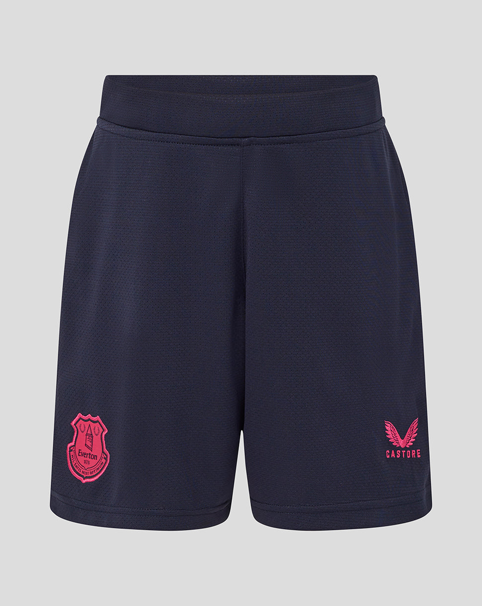 Navy shorts with pink logos on a light gray background