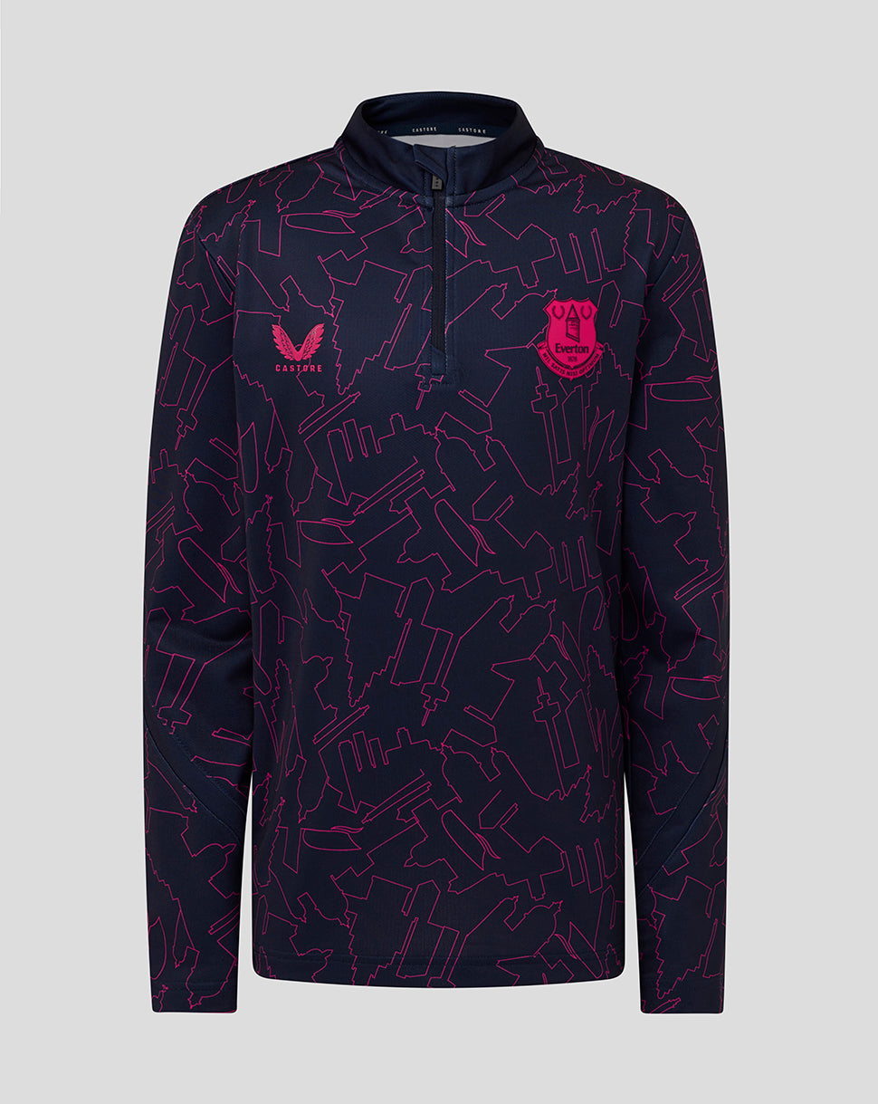 Navy long-sleeve shirt with red pattern and logo on a light gray background