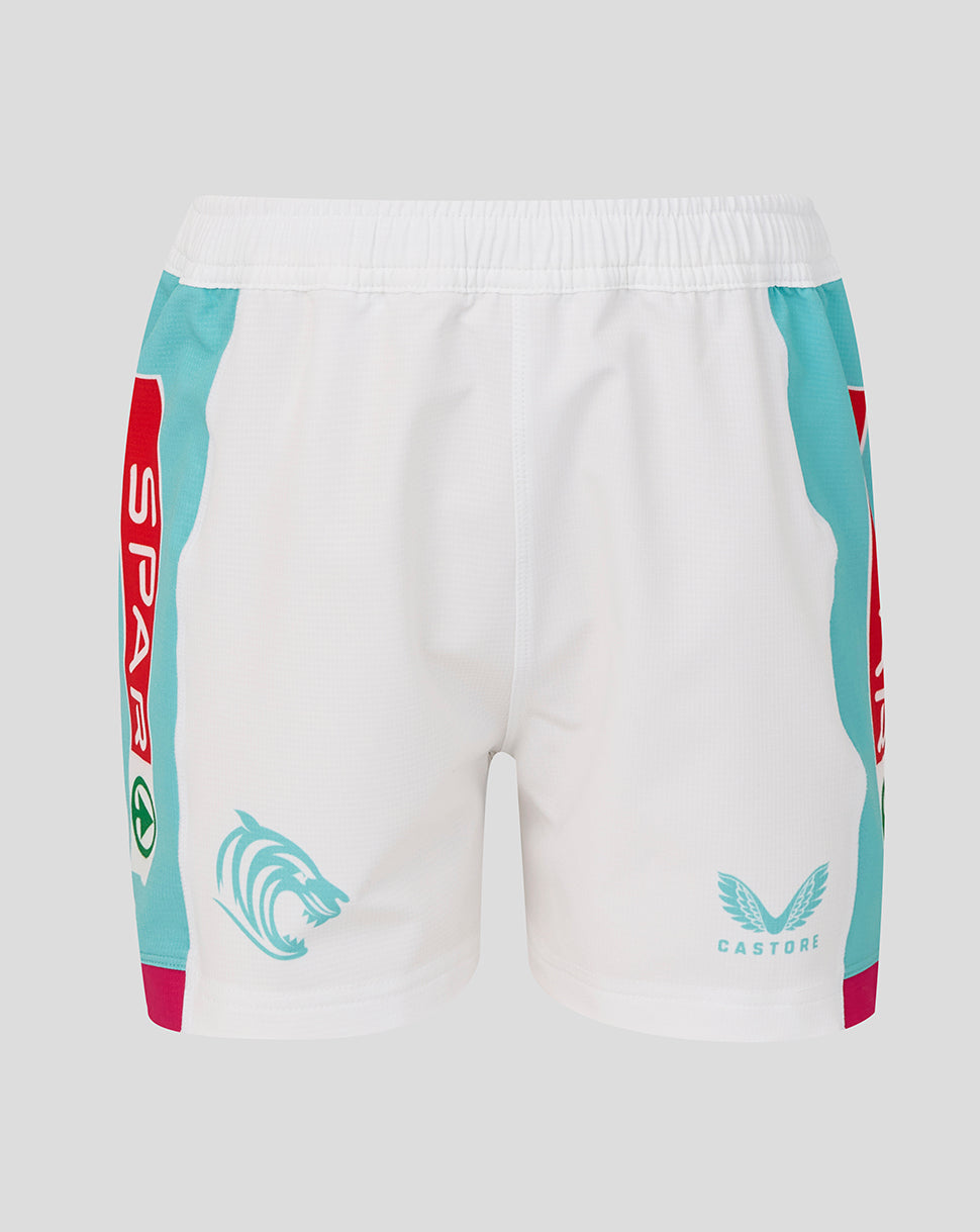 White shorts with colorful accents on a light gray background