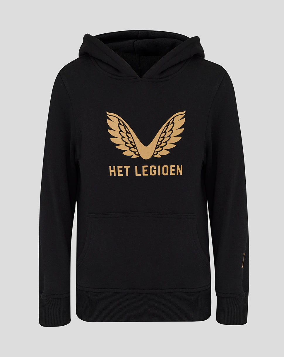 A black pullover hoodie with a gold winged logo and the text 'HET LEGIOEN' printed on the chest, displayed against a solid light gray background.