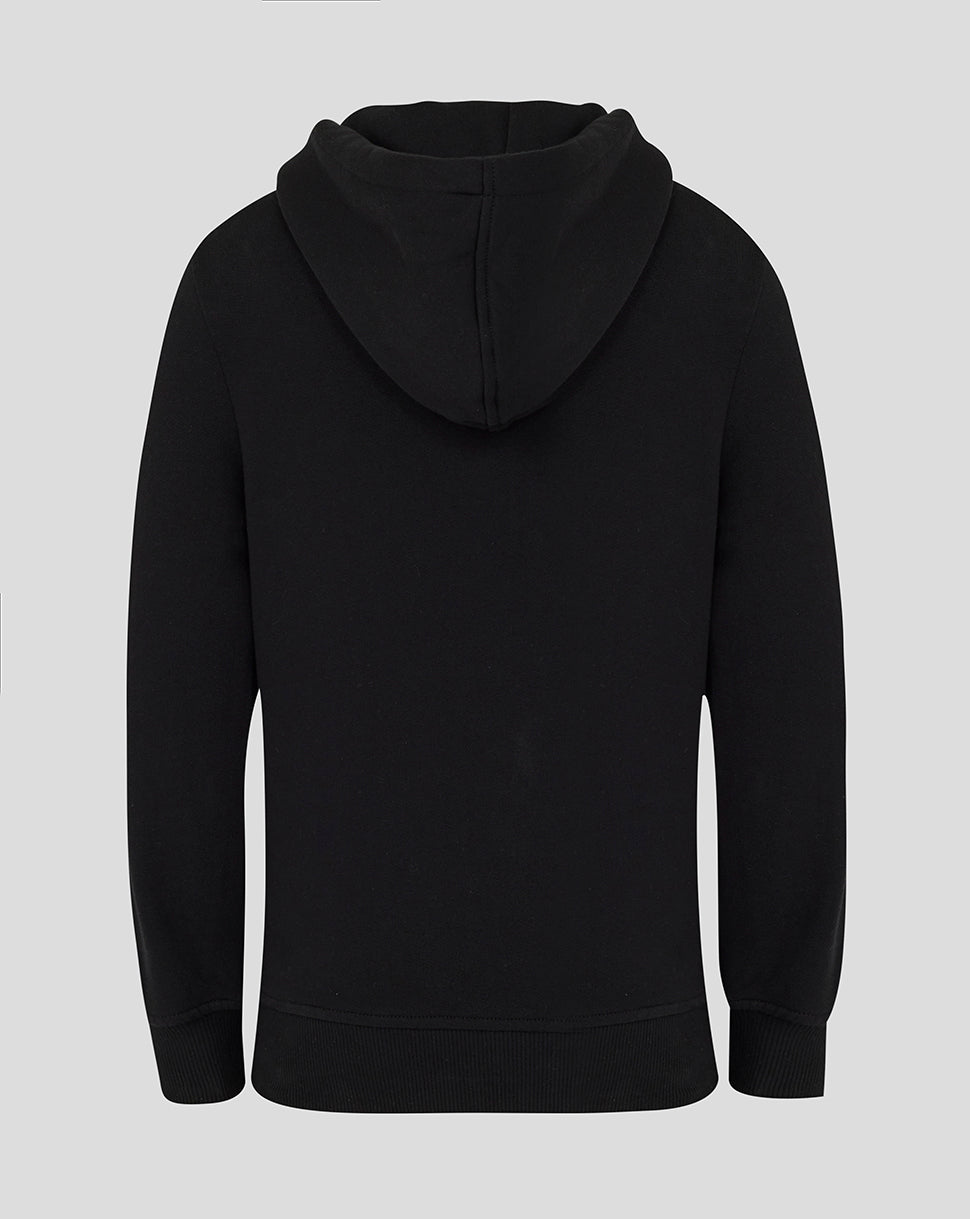 A black pullover hoodie shown from the back, featuring a central seam down the back of the hood and ribbed cuffs and hem, displayed on a solid gray background.