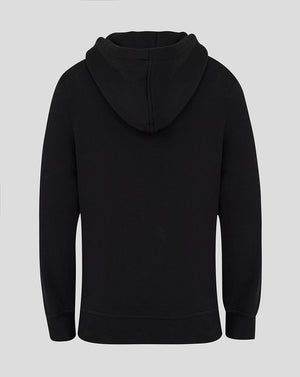 A black pullover hoodie shown from the back, featuring a central seam down the back of the hood and ribbed cuffs and hem, displayed on a solid gray background.