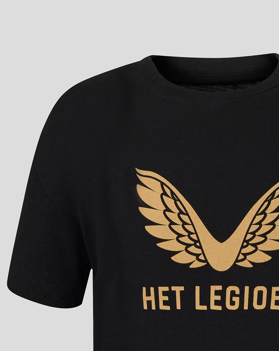 Front view of black Feyenoord Junior shirt with large gold wing emblem and HET LEGIOEN text