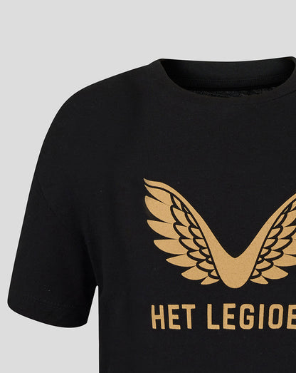 Front view of black Feyenoord Junior shirt with large gold wing emblem and HET LEGIOEN text