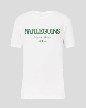 White t-shirt with green and black text on a light gray background
