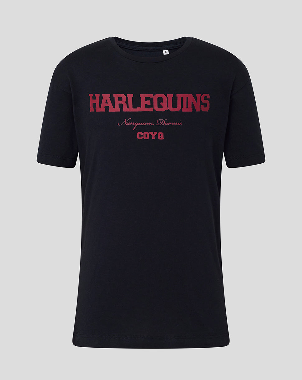Black t-shirt with red 'Harlequins' text on a gray background