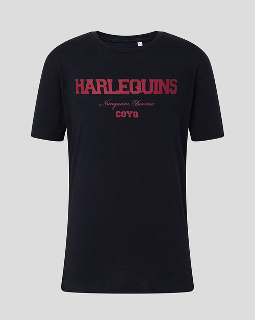 Black t-shirt with red 'Harlequins' text on a gray background