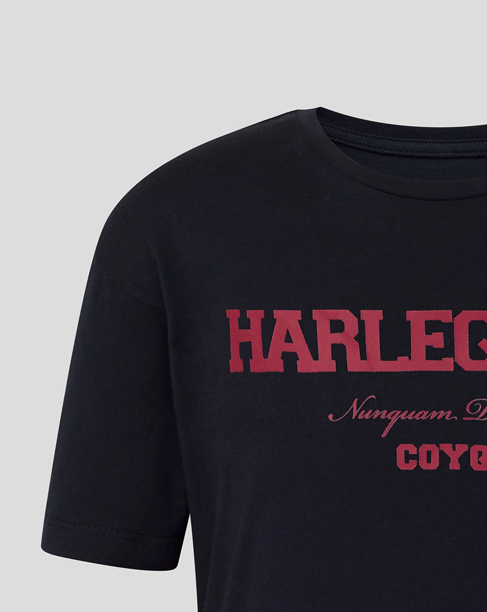 Black t-shirt with red 'Harlequins' text on a light gray background