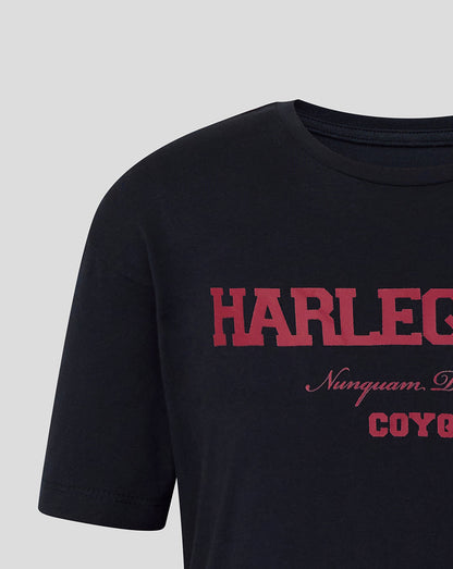 Black t-shirt with red 'Harlequins' text on a light gray background