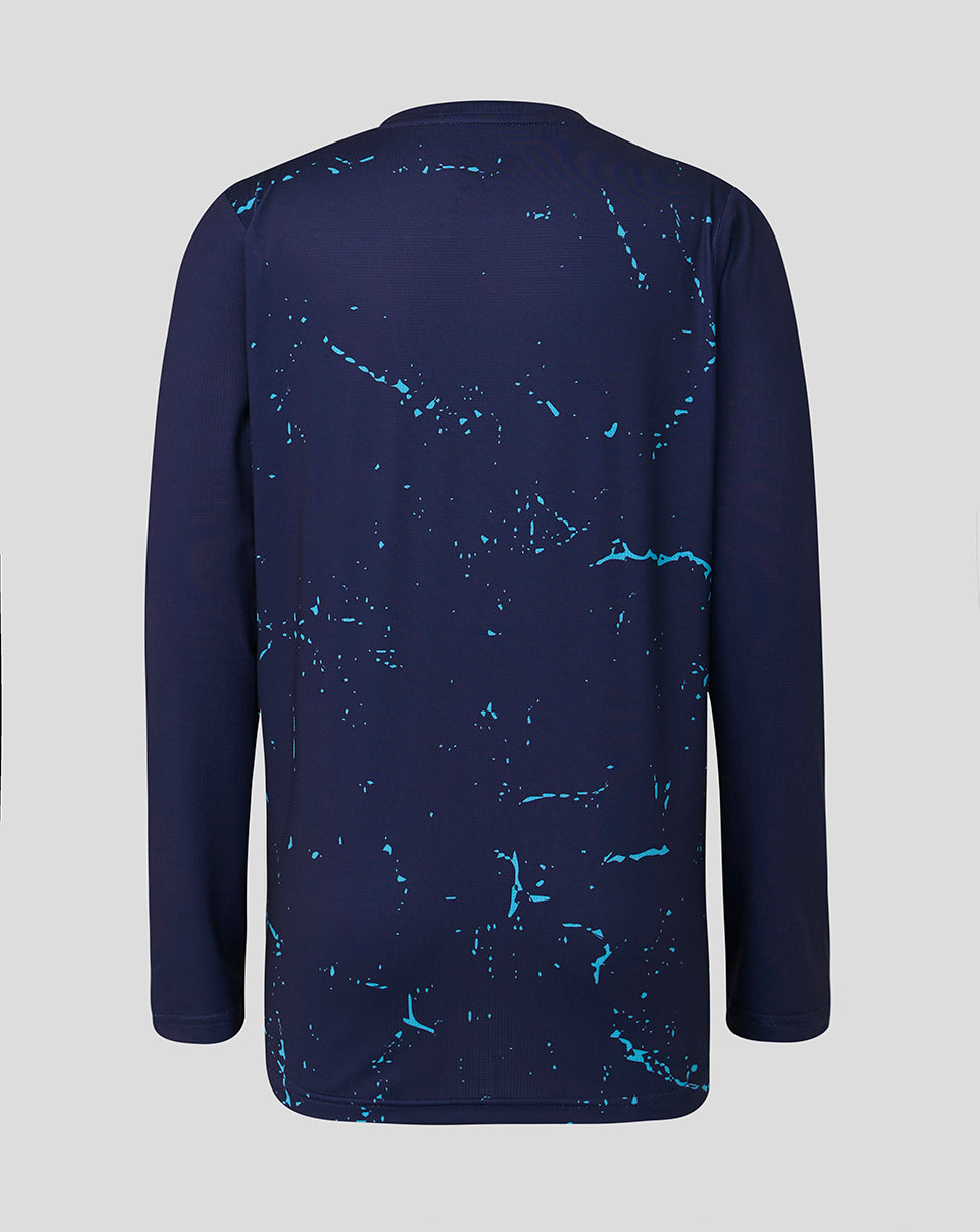 Navy long-sleeve shirt with blue abstract pattern on a gray background