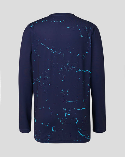 Navy long-sleeve shirt with blue abstract pattern on a gray background
