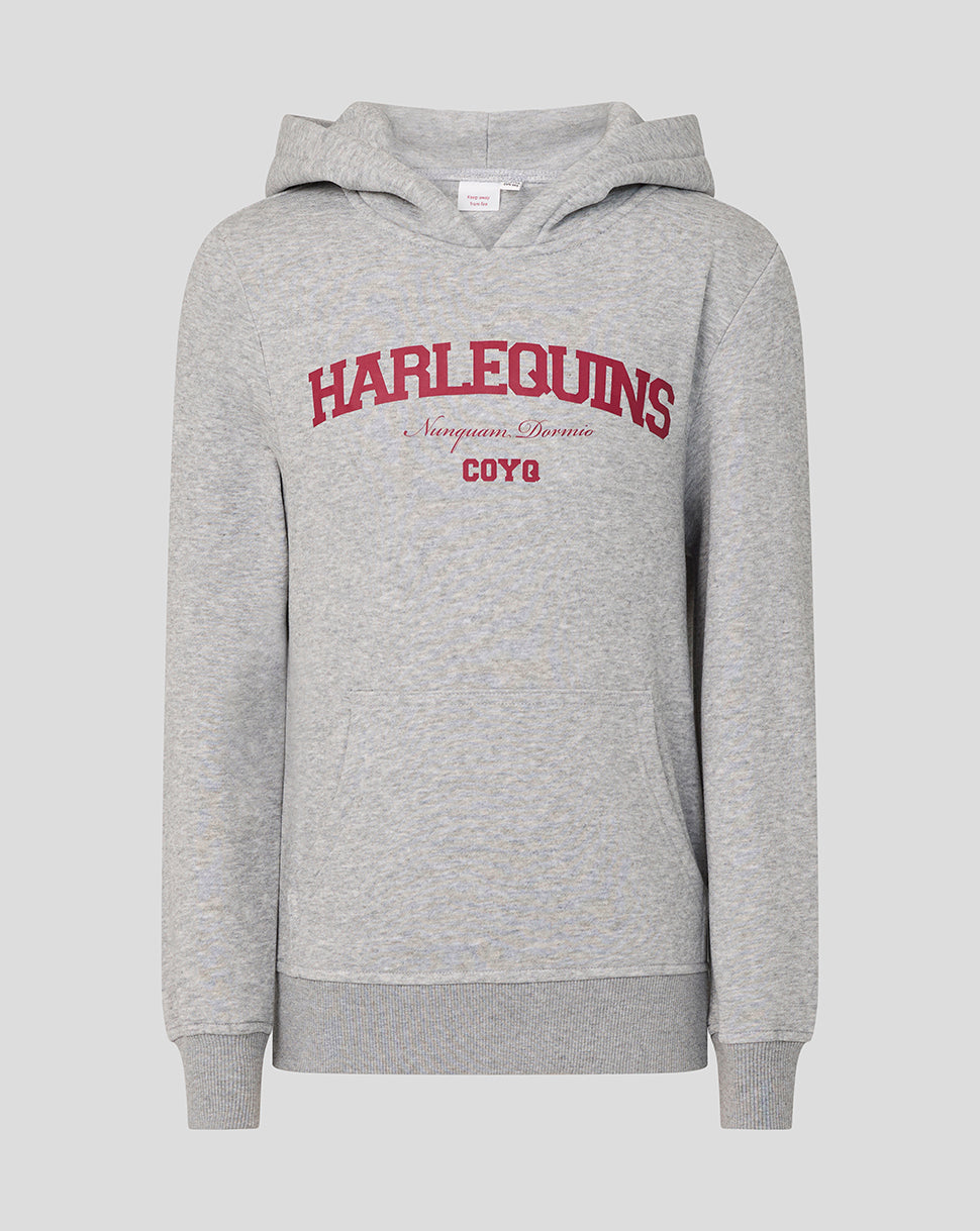Gray hoodie with 'Harlequins' text on a light gray background