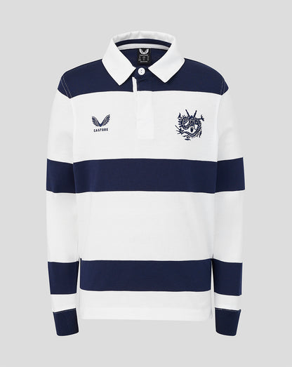 Navy and white striped polo shirt with brand logos on a gray background