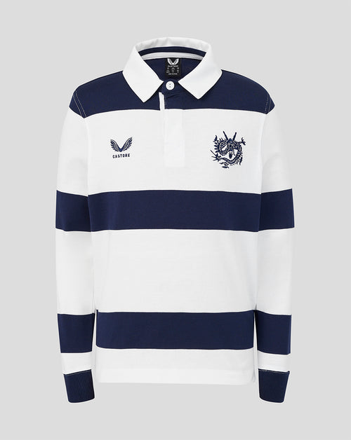 Navy and white striped polo shirt with brand logos on a gray background