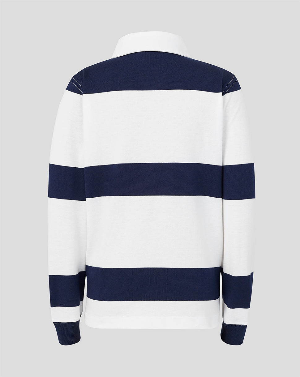 Navy and white striped rugby shirt on a light gray background