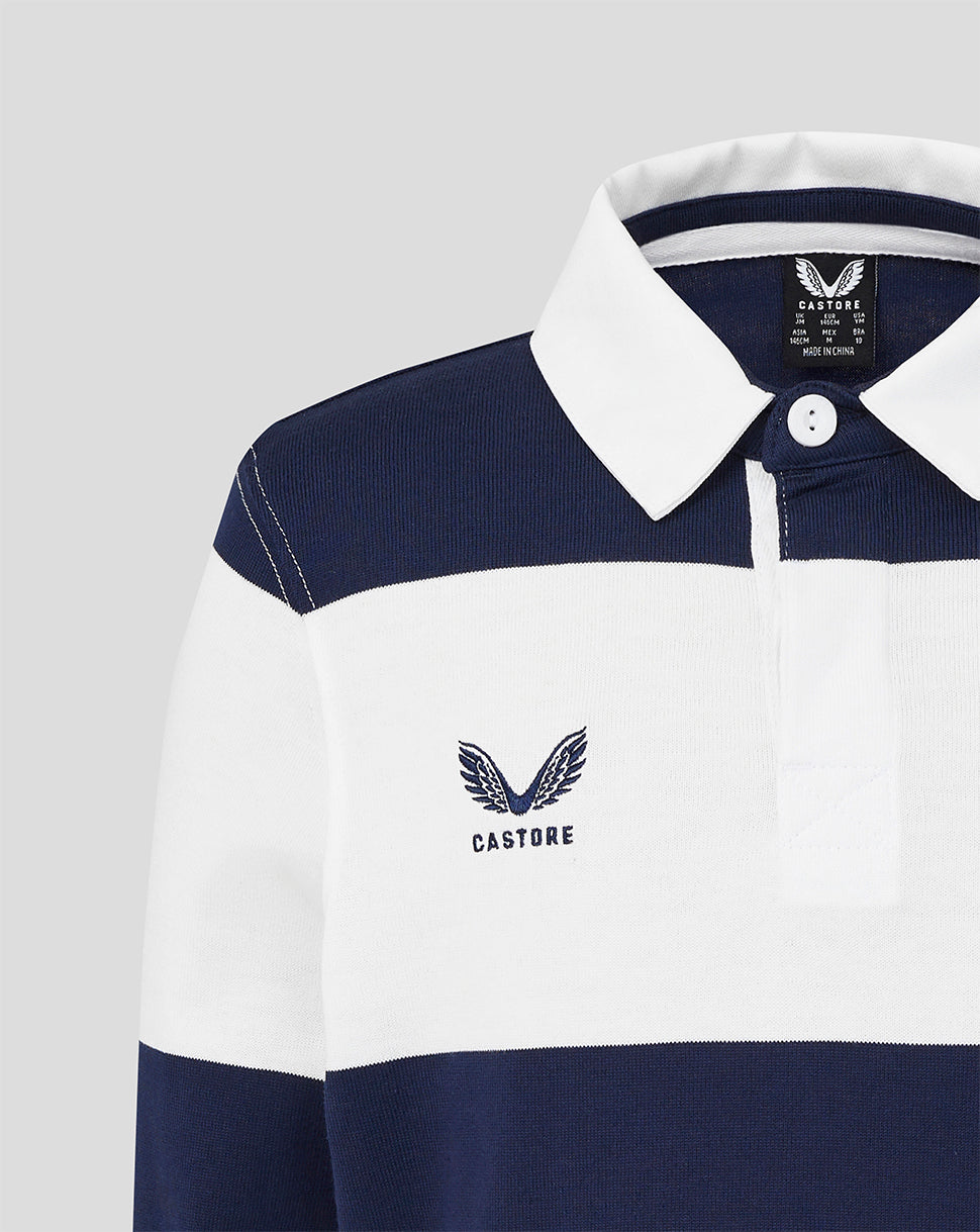 Navy and white polo shirt with 'Castore' branding on a light gray background