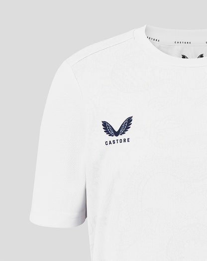 White t-shirt with a logo and text on a light gray background