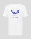 White t-shirt with blue logo and text on a gray background