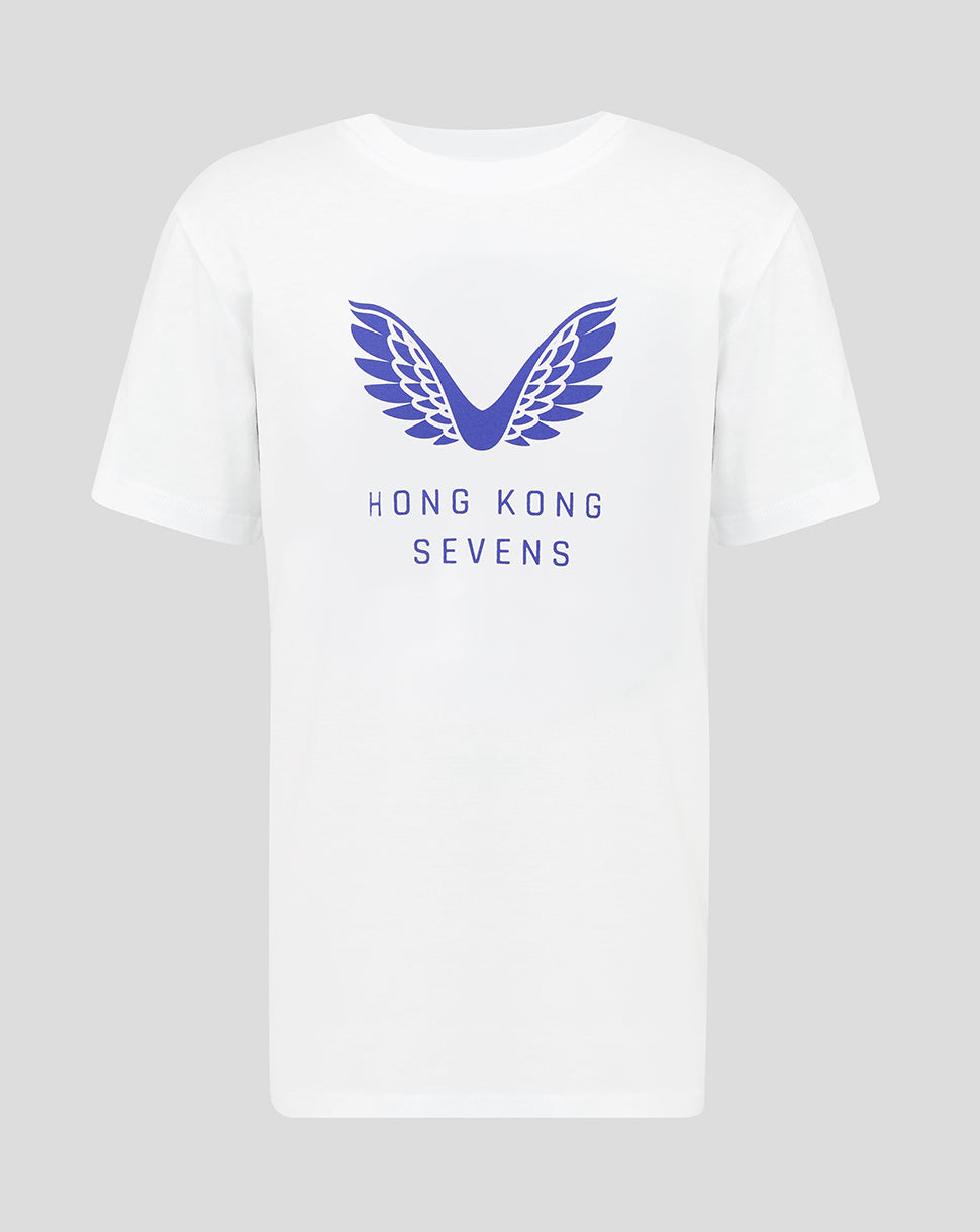White t-shirt with blue logo and text on a gray background