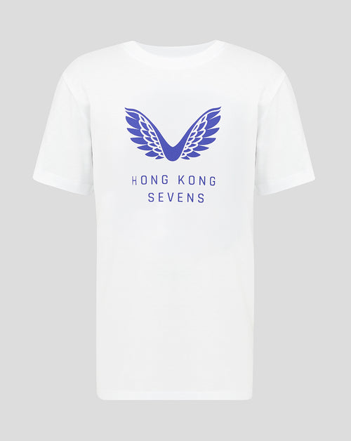White t-shirt with blue logo and text on a gray background
