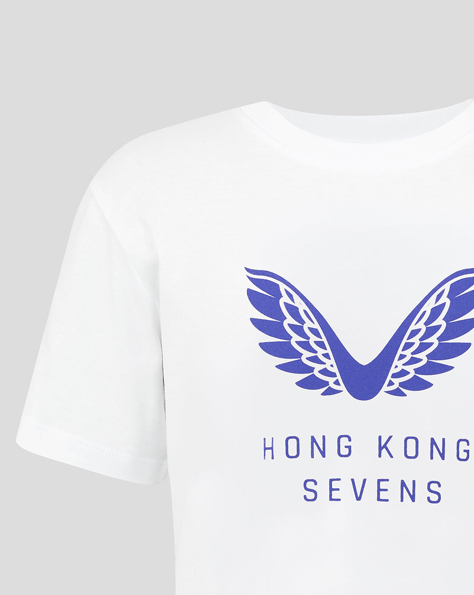 White t-shirt with blue winged logo and 'Hong Kong Sevens' text on a light gray background