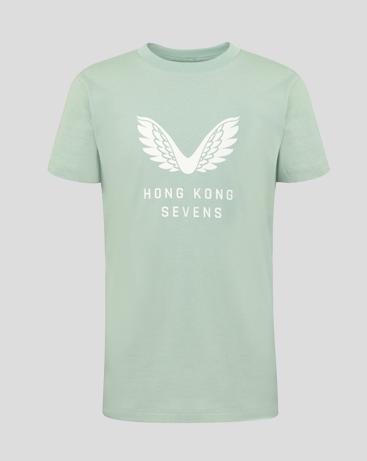 Pastel green junior tee with a white wing graphic and Hong Kong Sevens lettering.