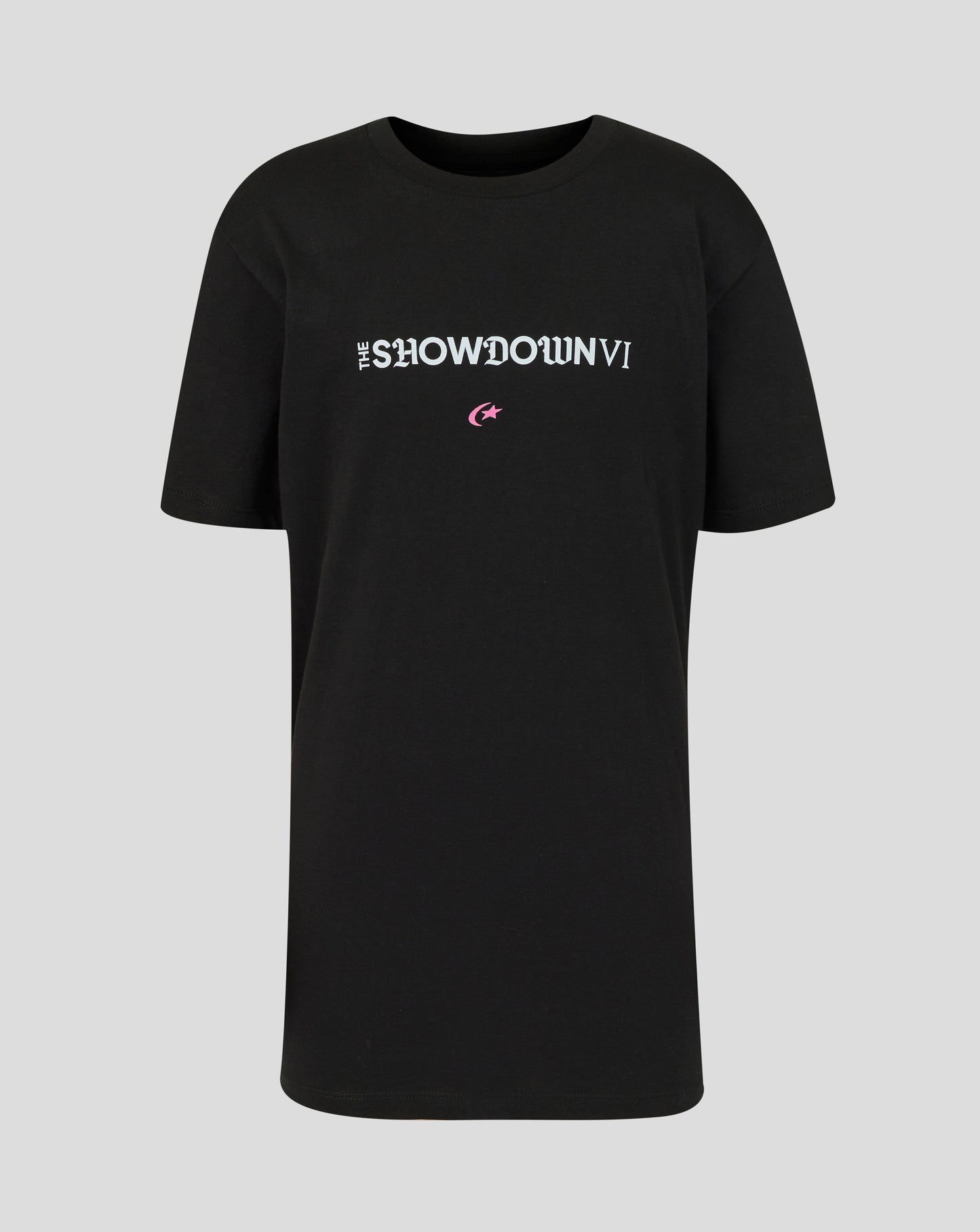 Black t-shirt with white text on a gray background