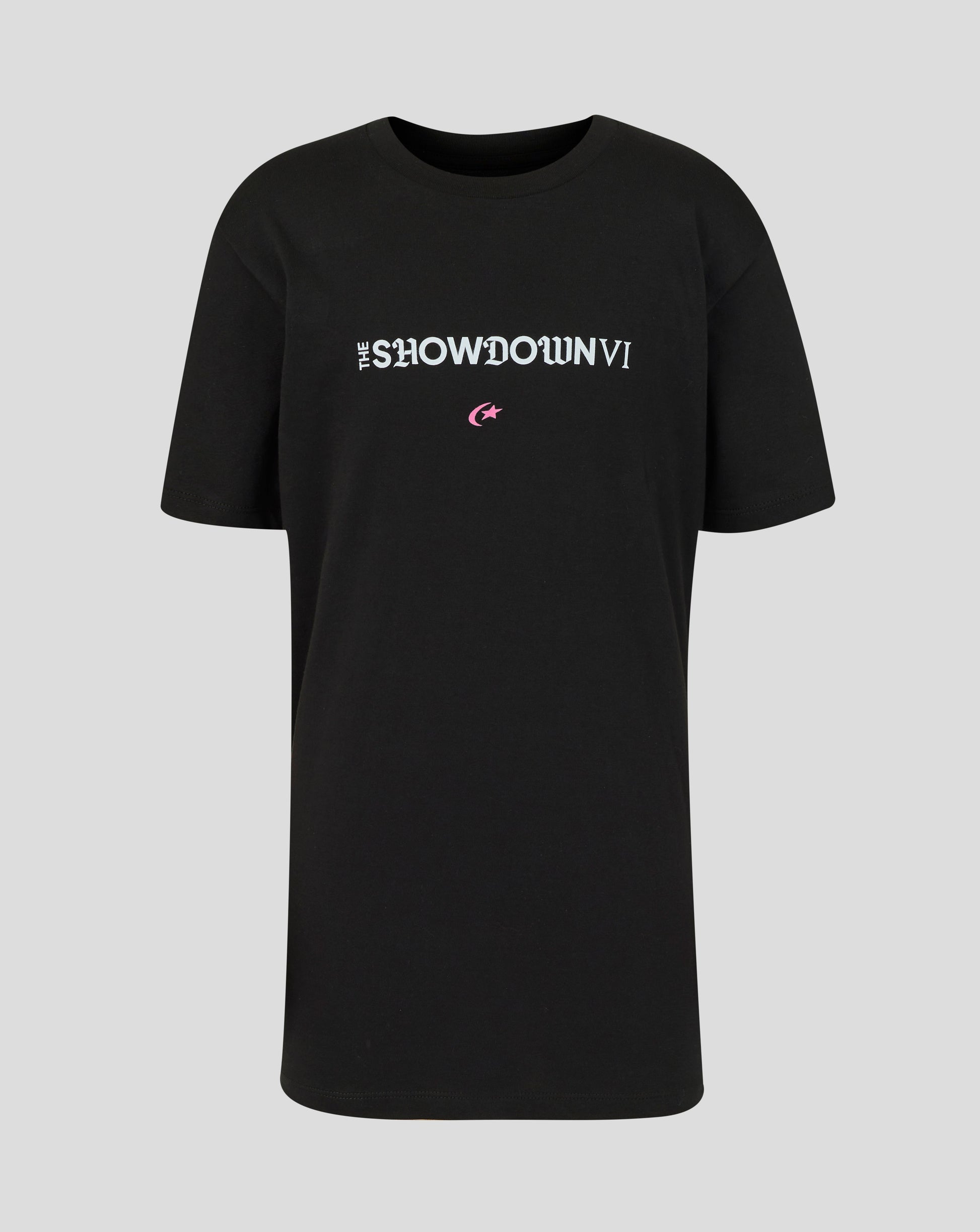Black t-shirt with white text on a gray background