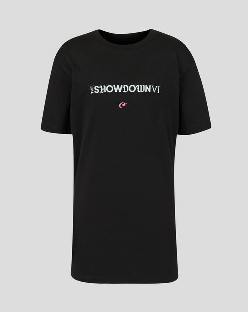 Black t-shirt with white text on a gray background