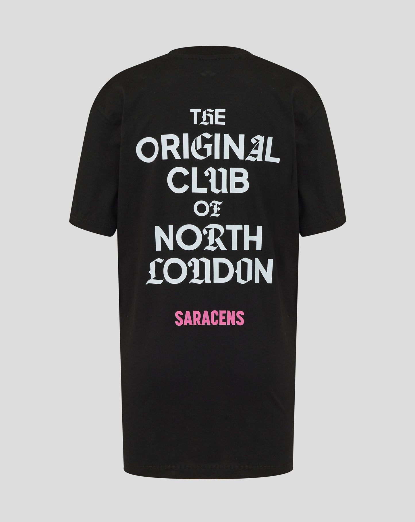 Black t-shirt with white text 'The Original Club of North London' and pink 'Saracens' logo on a gray background