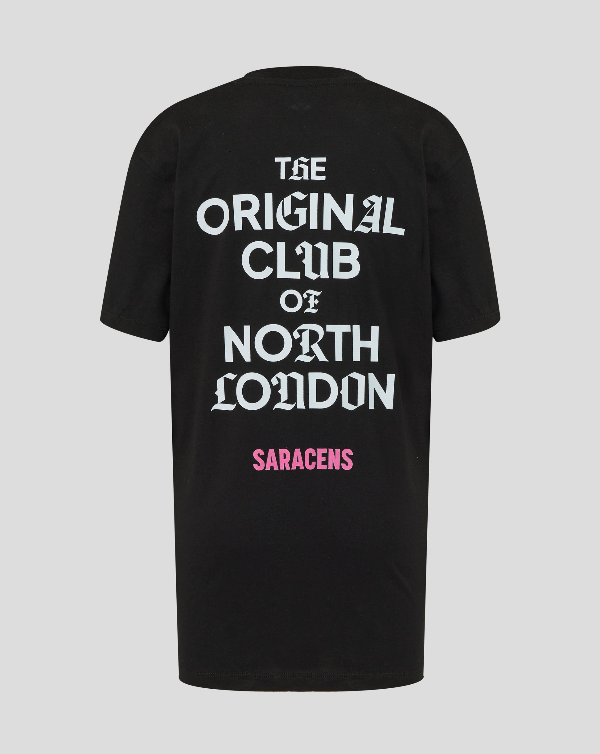 Black t-shirt with white text 'The Original Club of North London' and pink 'Saracens' logo on a gray background