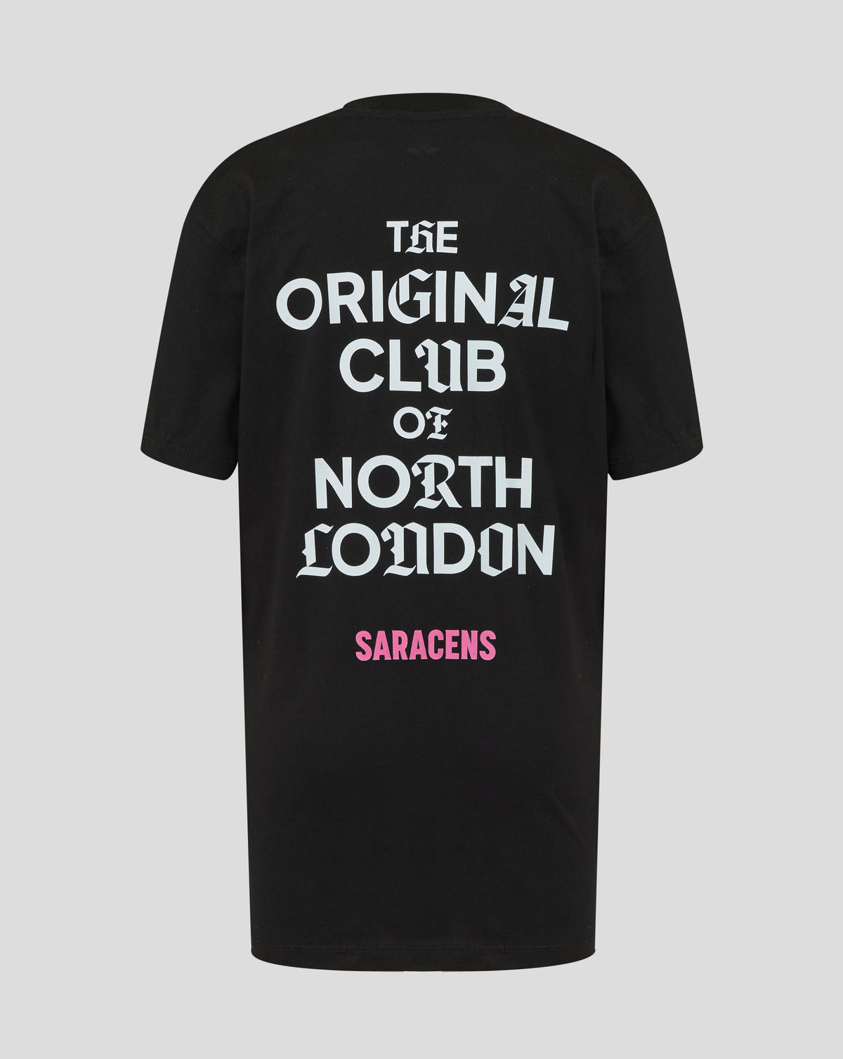 Black t-shirt with white text 'The Original Club of North London' and pink 'Saracens' logo on a gray background